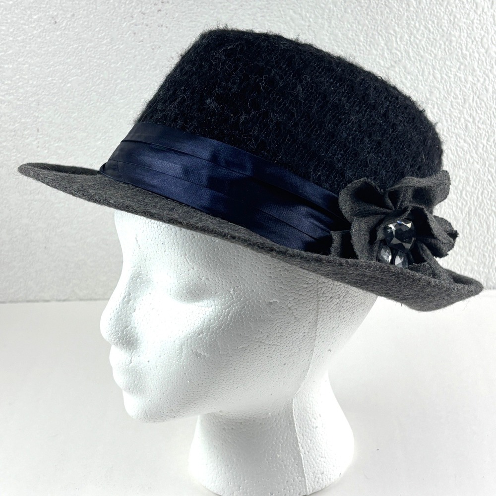 Lane Bryant Fedora Hat Womens OS Black Gray Wool Blend Flower Jewel Winter